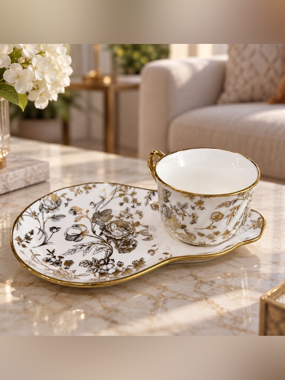 Grace Teaware Gold Floral Teacup And Snack Plate In Fine Porcelain New